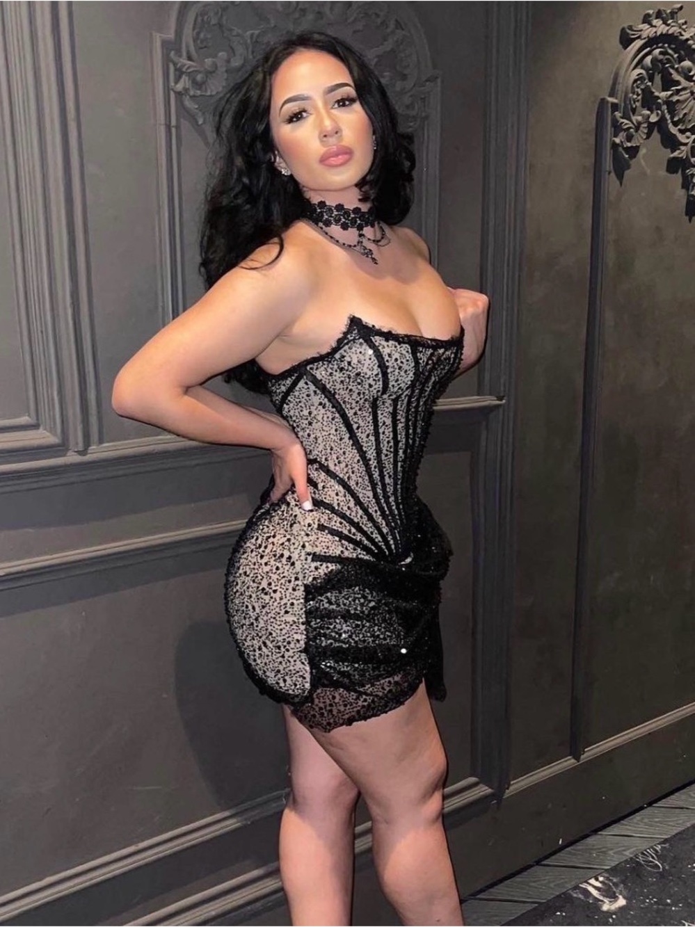 Strapless Black and Silver Sequin Corset Mini Dress
